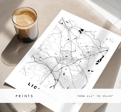Lichfield Map Print - Minimalist City Map Poster - Map Art - UK - Lichfield Print - Lichfield, Staffordshire - Different Colours Available