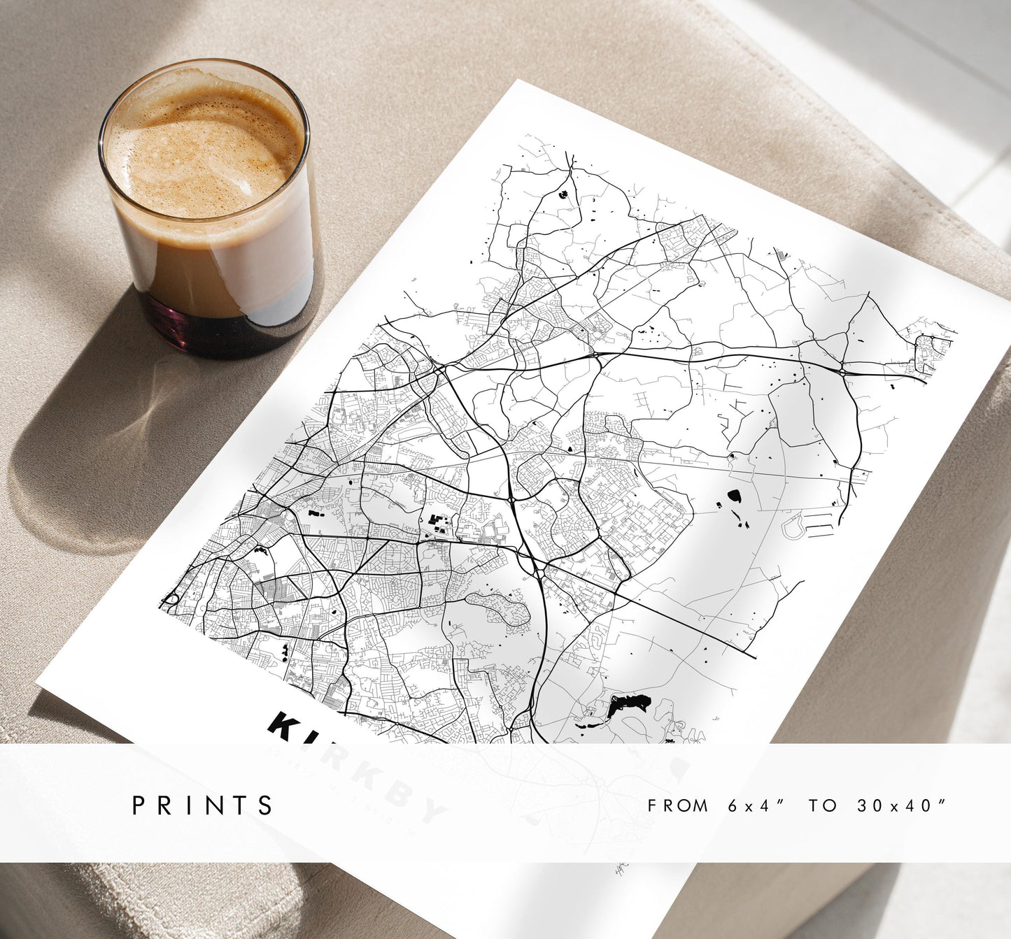 Kirkby Map Print - Minimalist City Map Poster - Map Art - UK - Kirkby Print - Kirkby, Merseyside - Different Colours Available