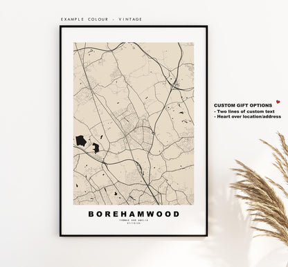 Borehamwood Map Print - Minimalist City Map Poster - Map Art - UK - Borehamwood Print - Hertfordshire - Different Colours Available