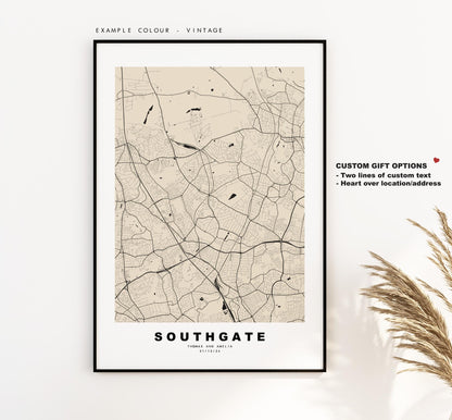 Southgate Map Print - Minimalist City Map Poster - Map Art - UK - Southgate Print - Southgate, London - Different Colours Available
