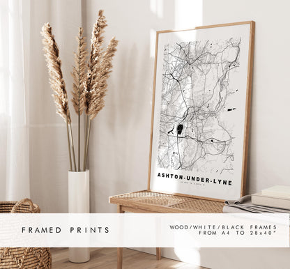 Ashton under Lyne Map Print - Minimalist City Map Poster - Map Art - UK - Ashton Print - Ashton, Manchester - Different Colours Available