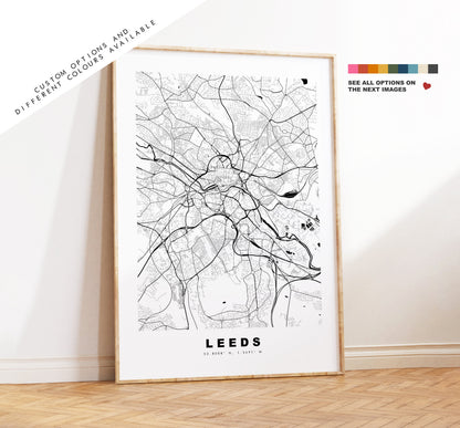 Leeds Map Print - Minimalist City Map Poster - Map Art - UK - Leeds Print - Leeds Poster - Different Colours Available