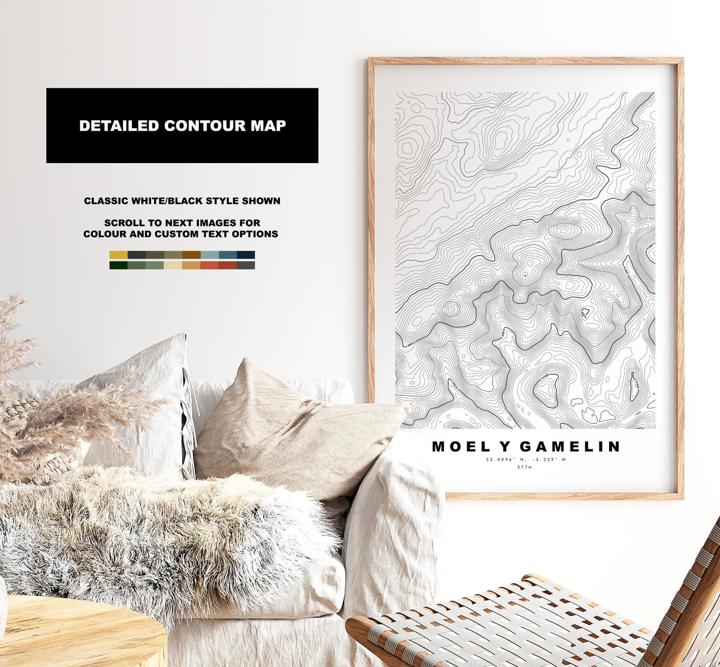 Moel y Gamelin Print - Contour Map - Clwydian Hills - Wales - Topographic Map - Print - Poster - Wall Art - Moel y Gamelin - Llantysilio