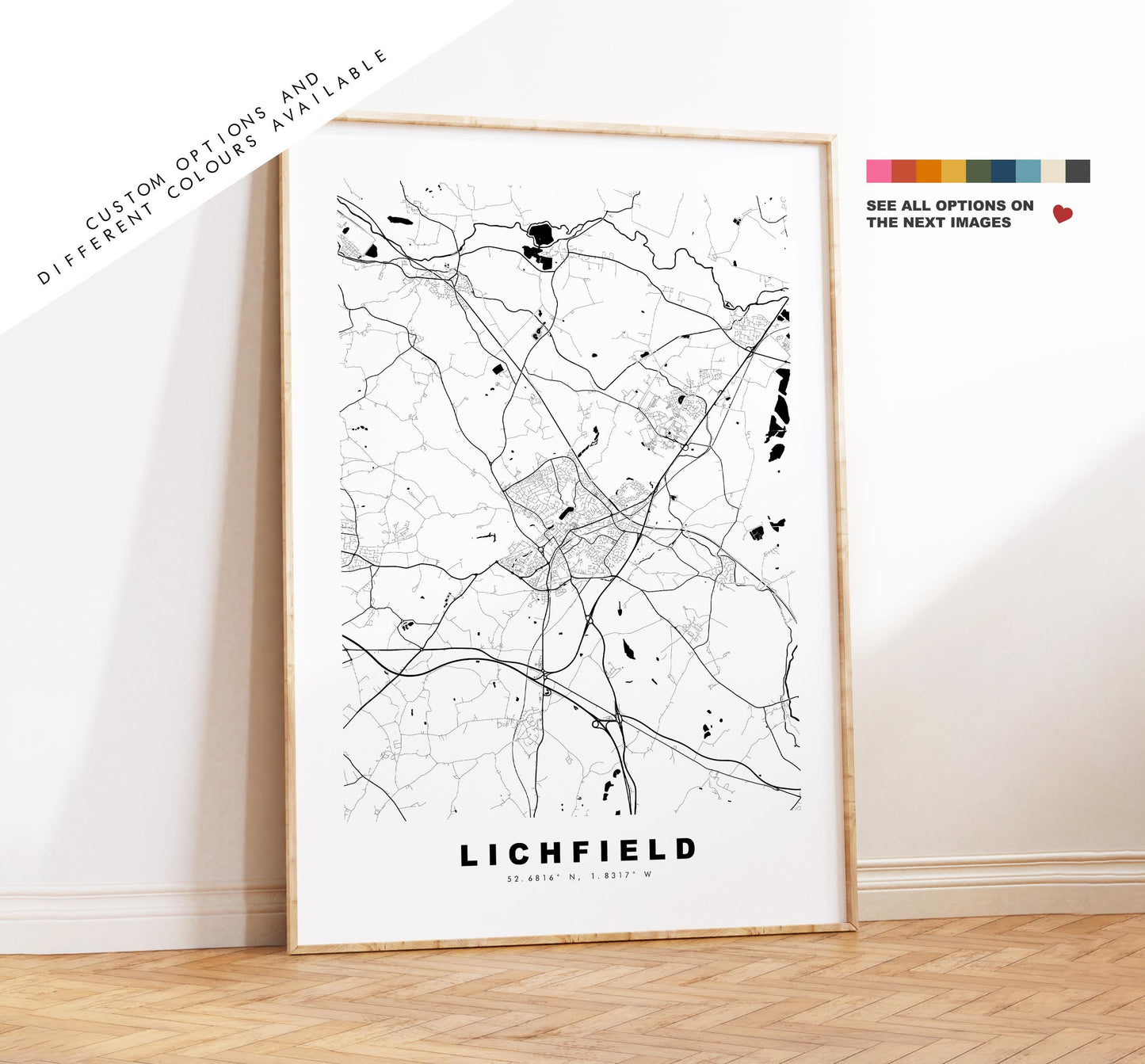 Lichfield Map Print - Minimalist City Map Poster - Map Art - UK - Lichfield Print - Lichfield, Staffordshire - Different Colours Available
