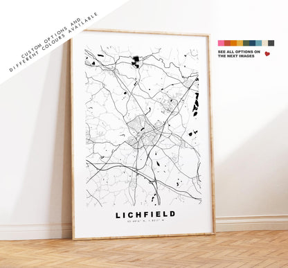 Lichfield Map Print - Minimalist City Map Poster - Map Art - UK - Lichfield Print - Lichfield, Staffordshire - Different Colours Available