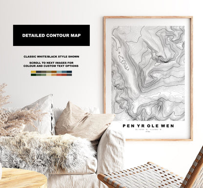 Pen Yr Ole Wen Print - Contour Map - Snowdonia - Wales - Topographic Map - Print - Poster - Wall Art - Pen Yr Ole Wen Poster - Topography