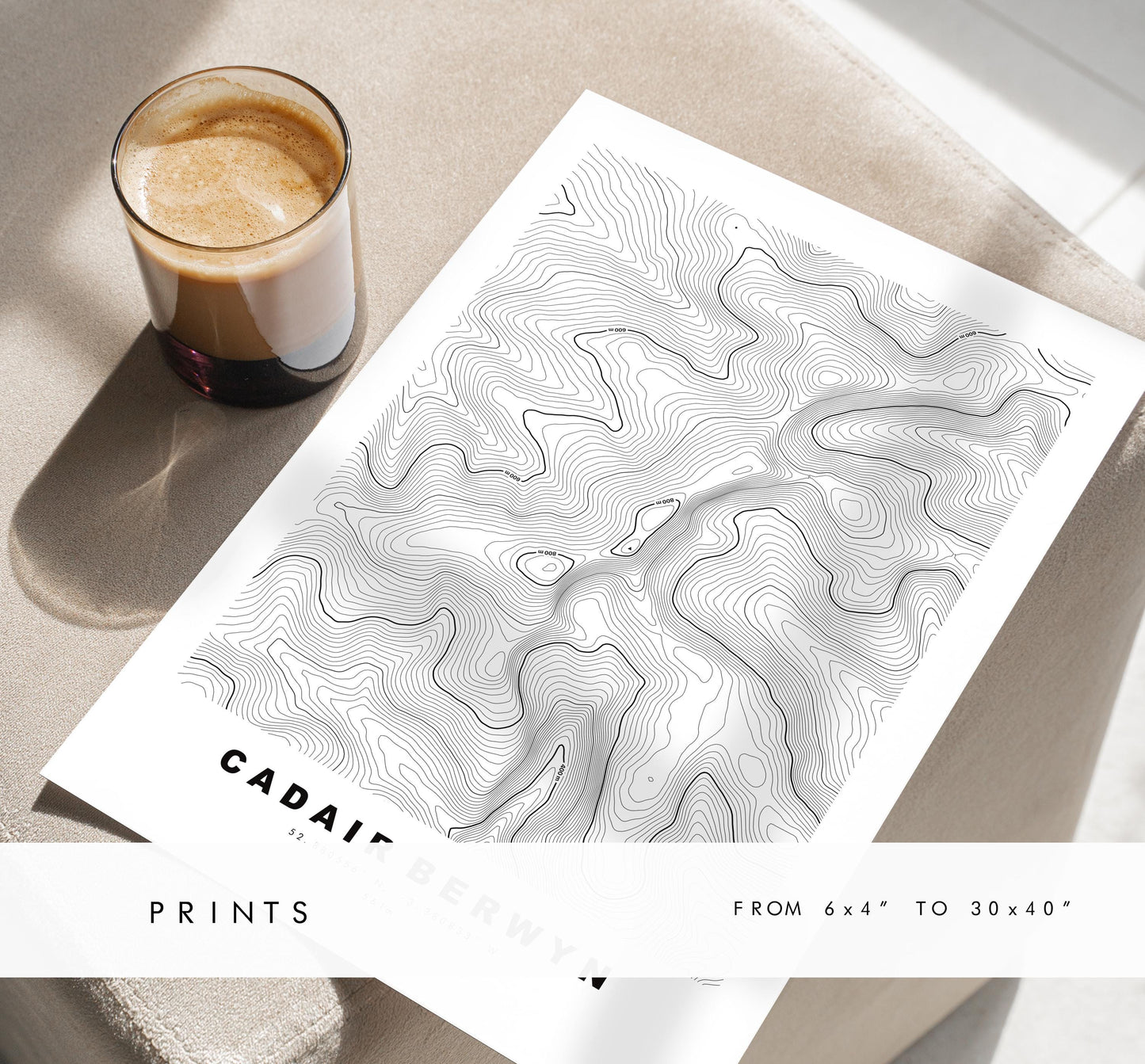 Cadair Berwyn Print - Contour Map - Snowdonia - Wales - Topographic Map - Print - Poster - Wall Art - Cader Berwyn - Craig Uchaf