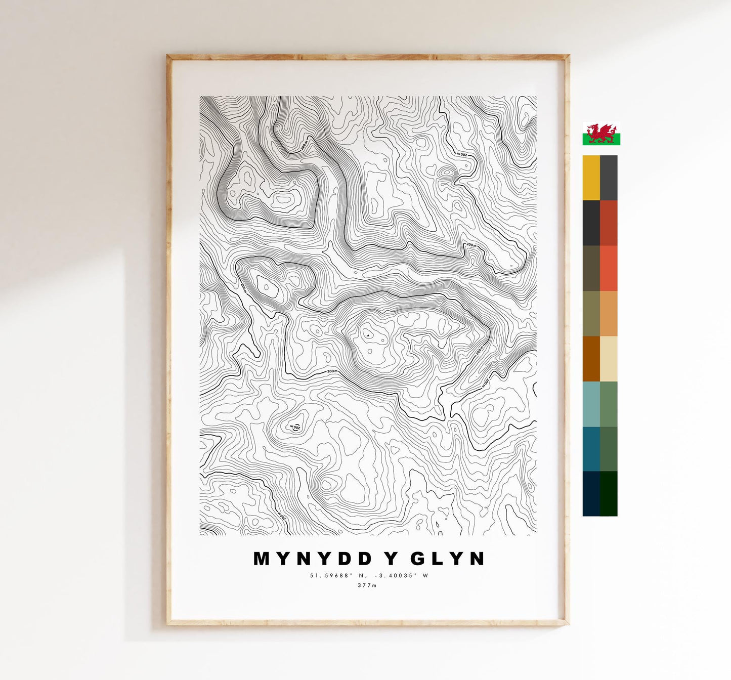 Mynydd y Glyn Print - Contour Map - Cardiff - Wales - Topographic Map - Print - Poster - Wall Art - Mynydd y Glyn Poster - Map Print