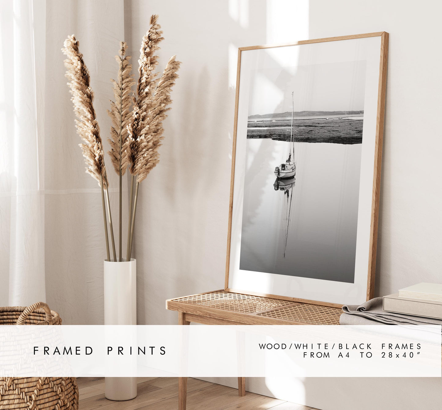 Sailboat Print - Keyhaven Photography Print - Hampshire Photography Prints -  Frame and Canvas Options - Portrait  - UK - Black and White