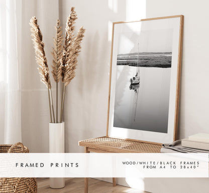 Sailboat Print - Keyhaven Photography Print - Hampshire Photography Prints -  Frame and Canvas Options - Portrait  - UK - Black and White