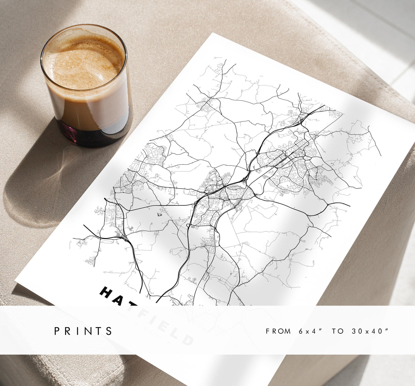 Hatfield Map Print - Minimalist City Map Poster - Map Art - UK - Hatfield Print - Hatfield, Hertfordshire - Different Colours Available