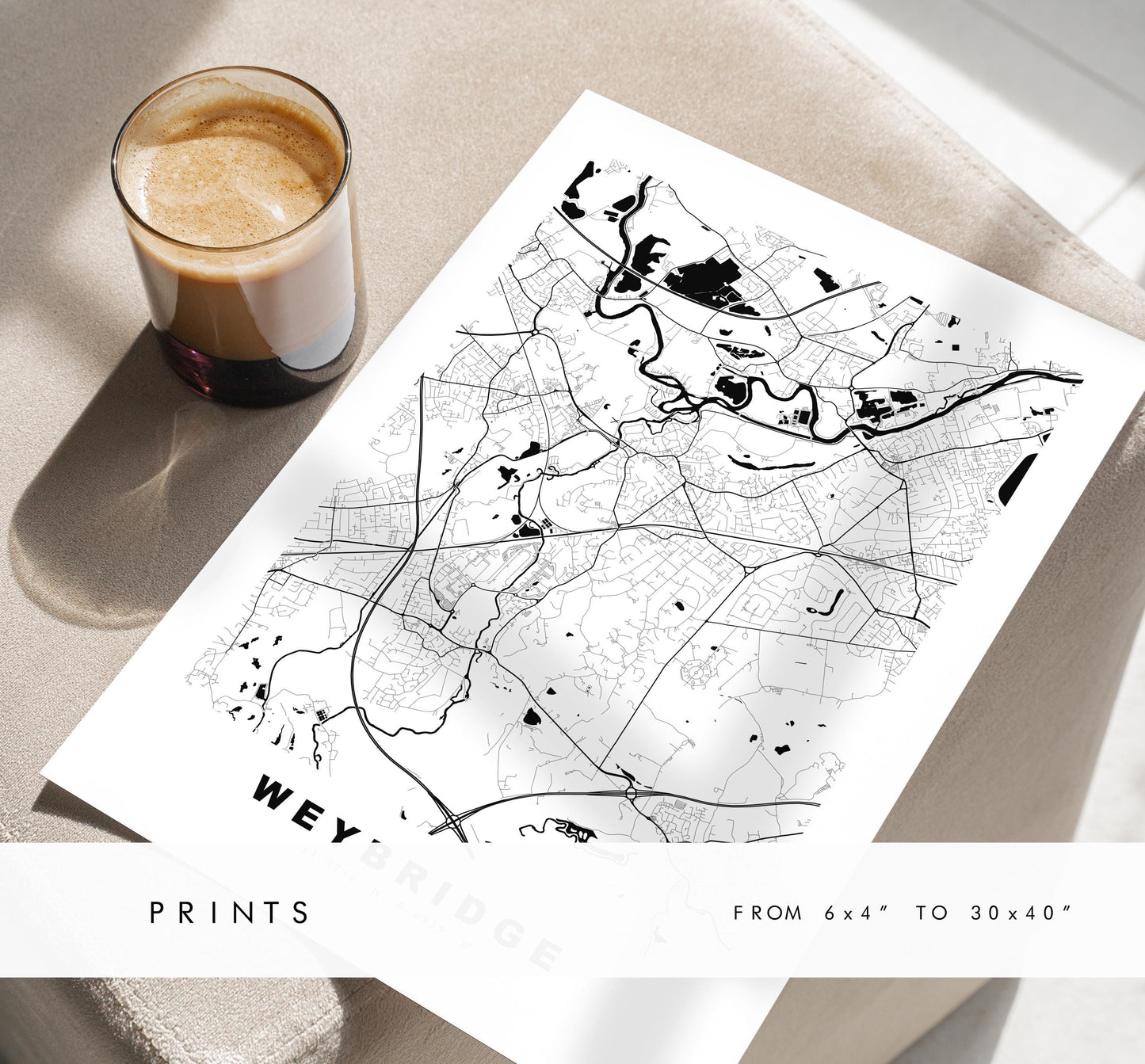 Weybridge Map Print - Minimalist City Map Poster - Map Art - UK - Weybridge Print - Weybridge, Surrey - Different Colours Available