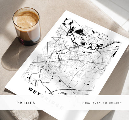 Weybridge Map Print - Minimalist City Map Poster - Map Art - UK - Weybridge Print - Weybridge, Surrey - Different Colours Available