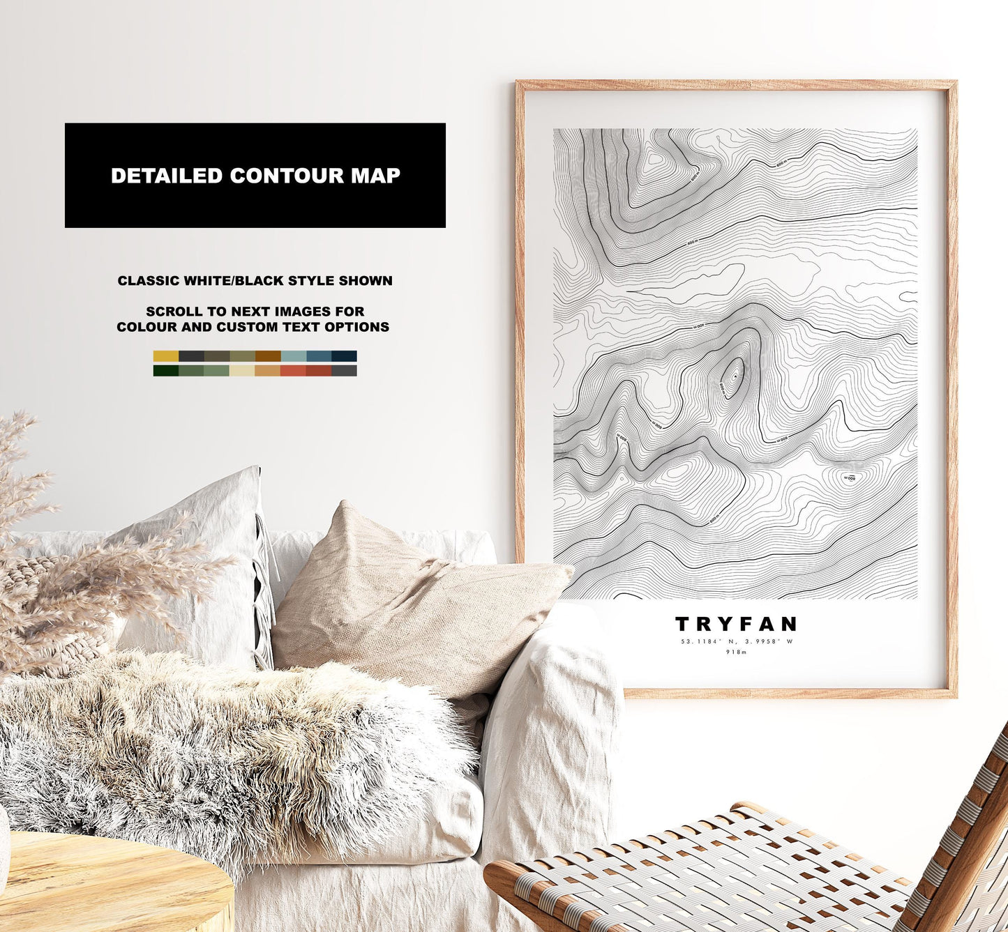 Tryfan Print - Contour Map - Snowdonia - Wales - Topographic Map - Print - Poster - Wall Art - Tryfan Poster - Contour Map - Topography