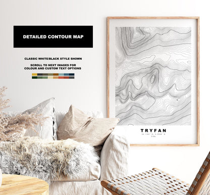 Tryfan Print - Contour Map - Snowdonia - Wales - Topographic Map - Print - Poster - Wall Art - Tryfan Poster - Contour Map - Topography