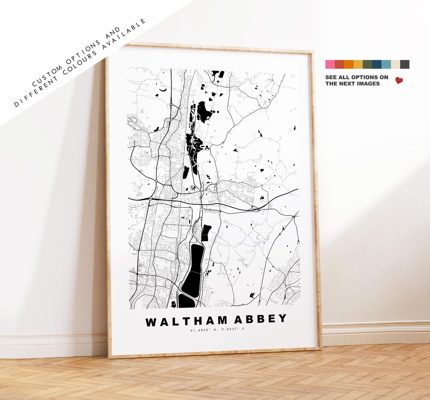 Waltham Abbey Map Print - Minimalist City Map Poster - Map Art - UK - Waltham Abbey Print - Essex - Different Colours Available