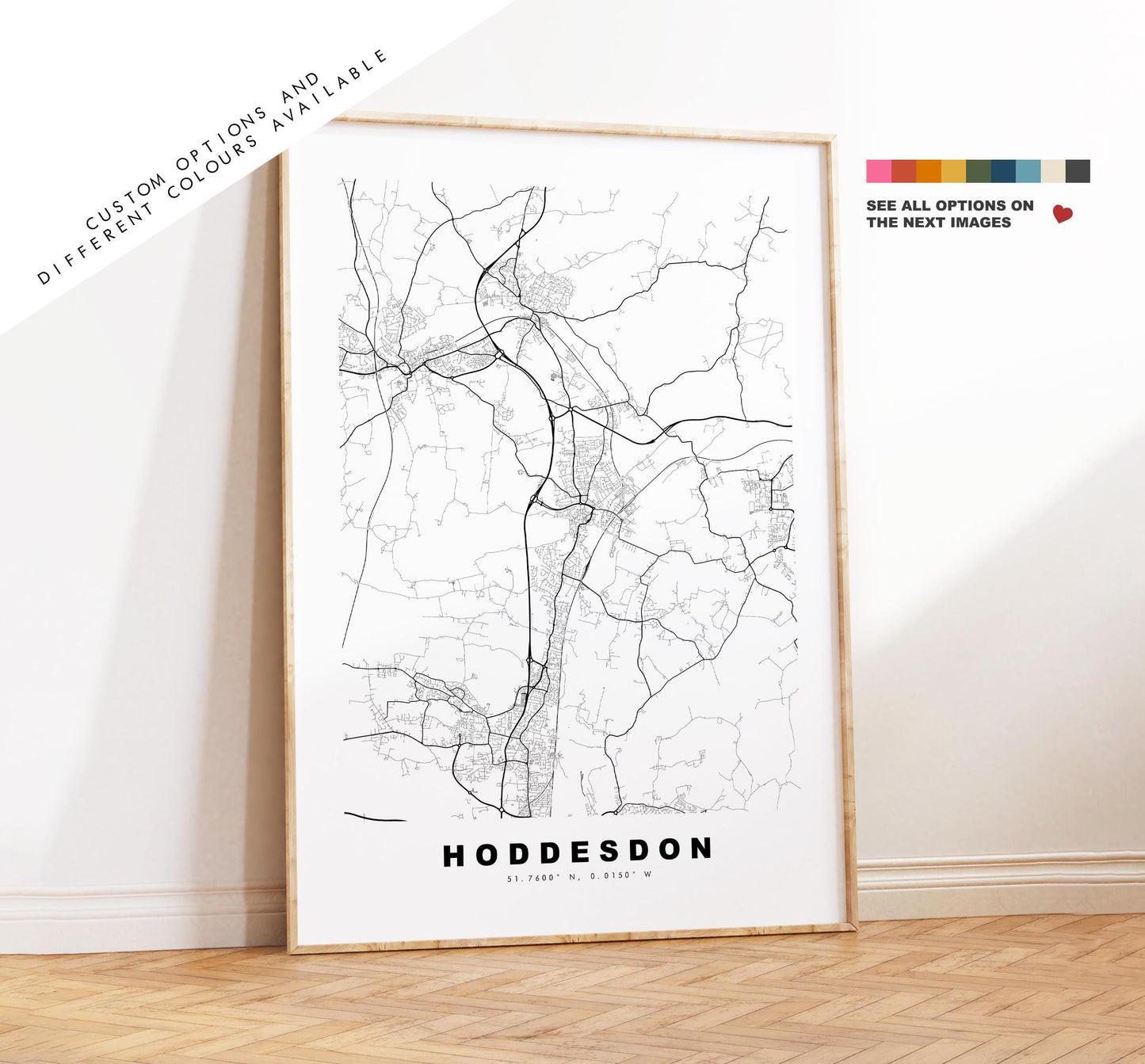 Hoddesdon Map Print - Minimalist City Map Poster - Map Art - UK - Hoddesdon Print - Hoddesdon, Hertfordshire - Different Colours Available