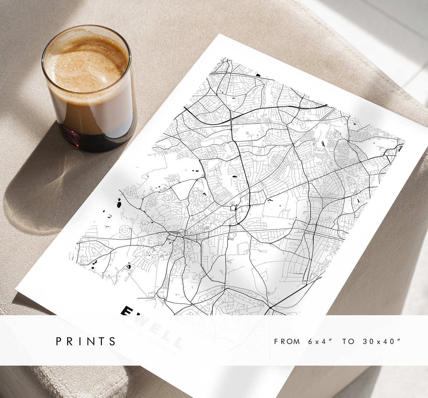 Ewell Map Print - Minimalist City Map Poster - Map Art - UK - Ewell Print - Ewell Poster - Different Colours Available