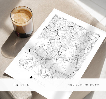 Ewell Map Print - Minimalist City Map Poster - Map Art - UK - Ewell Print - Ewell Poster - Different Colours Available