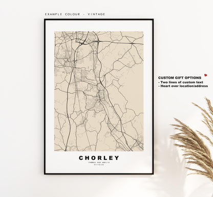 Chorley Map Print - Minimalist City Map Poster - Map Art - UK - Chorley Print - Chorley, Lancashire - Different Colours Available