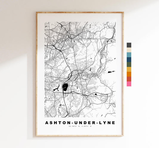 Ashton under Lyne Map Print - Minimalist City Map Poster - Map Art - UK - Ashton Print - Ashton, Manchester - Different Colours Available