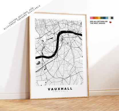 Vauxhall Map Print - Minimalist City Map Poster - Map Art - UK - Vauxhall Print - Vauxhall, London - Different Colours Available