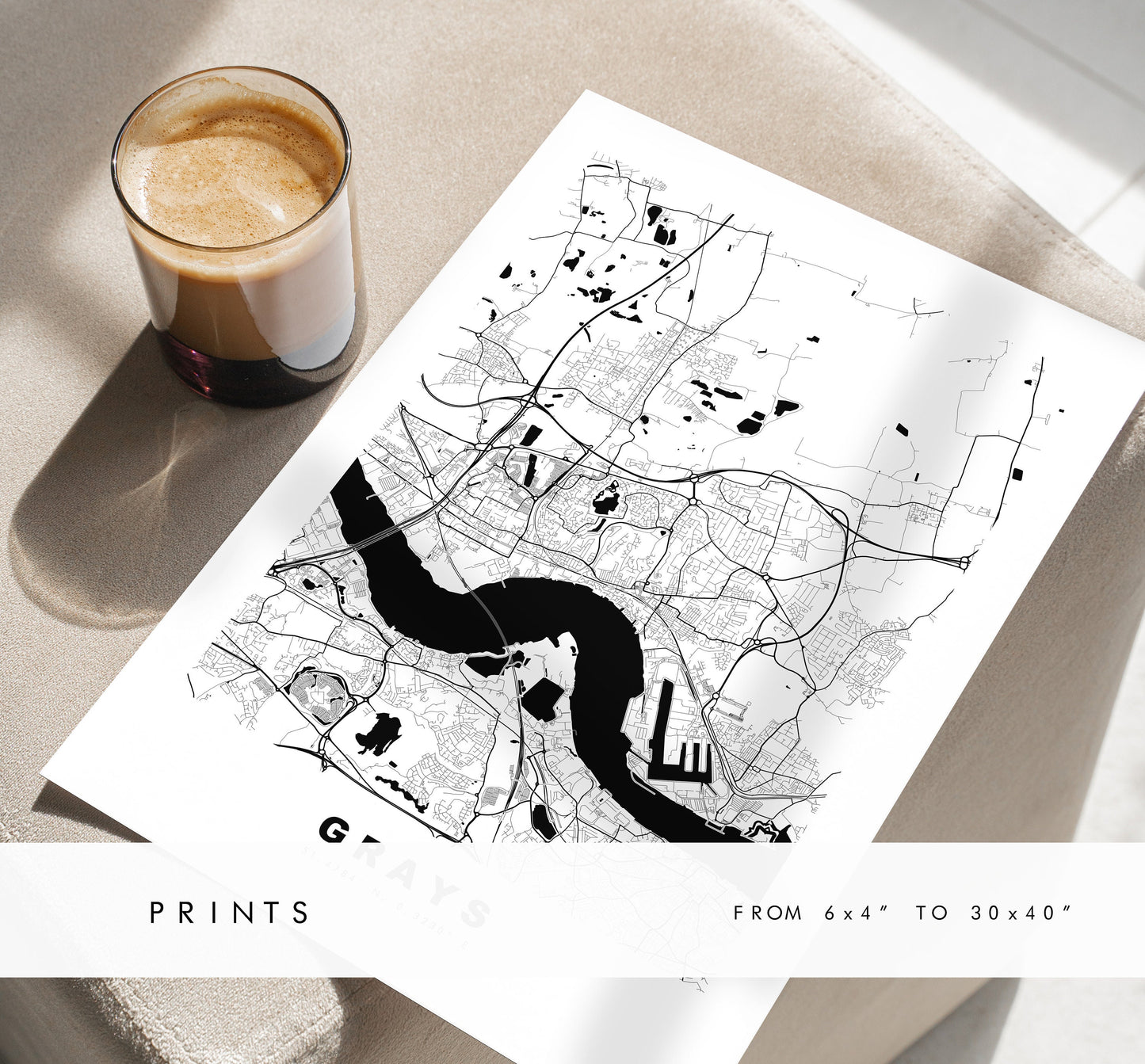 Grays Map Print - Minimalist City Map Poster - Map Art - UK - Grays Print - Grays, Essex Poster - Different Colours Available