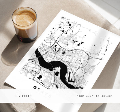 Grays Map Print - Minimalist City Map Poster - Map Art - UK - Grays Print - Grays, Essex Poster - Different Colours Available