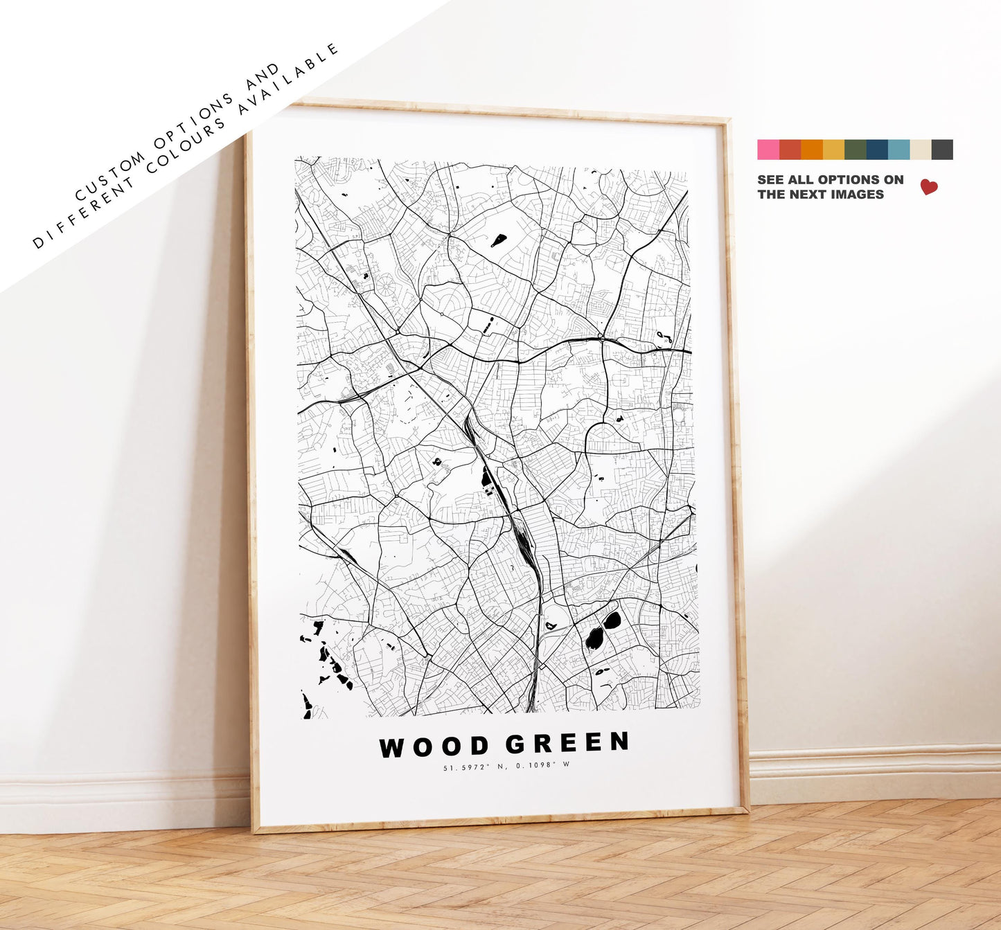Wood Green Map Print - Minimalist City Map Poster - Map Art - UK - Wood Green Print - Wood Green, London - Different Colours Available