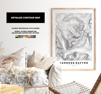 Carnedd Dafydd Print - Contour Map - Snowdonia - Wales - Topographic Map - Print - Wall Art - Carnedd Dafydd Poster - Carneddau Range