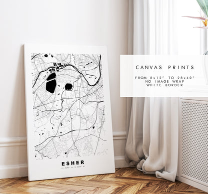 Esher Map Print - Minimalist City Map Poster - Map Art - UK - Esher Print - Esher Poster - Different Colours Available