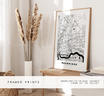 Redbridge Map Print - Minimalist City Map Poster - Map Art - UK - Redbridge Print - Redbridge, London - Different Colours Available