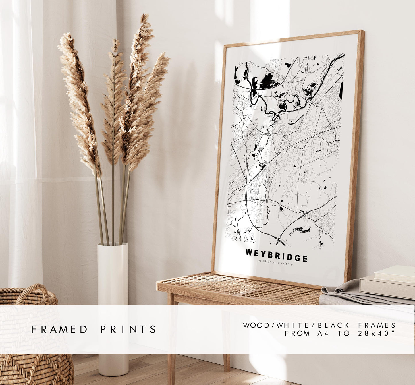 Weybridge Map Print - Minimalist City Map Poster - Map Art - UK - Weybridge Print - Weybridge, Surrey - Different Colours Available