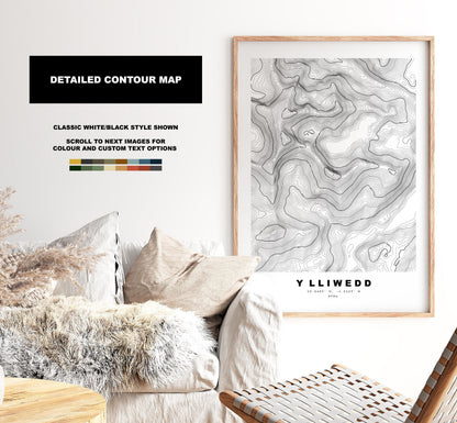 Y Lliwedd Print - Contour Map - Snowdonia - Wales - Topographic Map - Print - Poster - Wall Art -  Y Lliwedd Poster - Gift - Topography