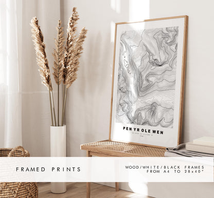 Pen Yr Ole Wen Print - Contour Map - Snowdonia - Wales - Topographic Map - Print - Poster - Wall Art - Pen Yr Ole Wen Poster - Topography