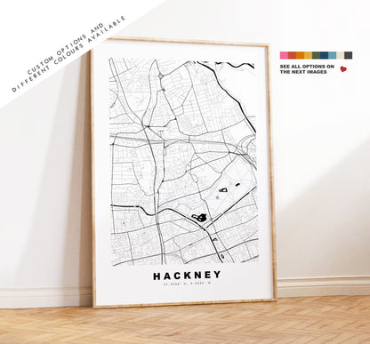 Hackney Map Print - Minimalist City Map Poster - Map Art - London, UK - Hackney Print - Hackney Poster - Different Colours Available