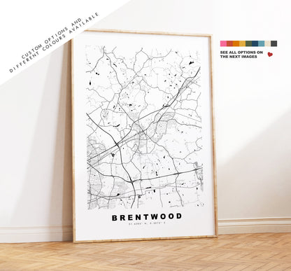 Brentwood Map Print - Minimalist City Map Poster - Map Art - UK - Brentwood Print - Brentwood Poster - Different Colours Available