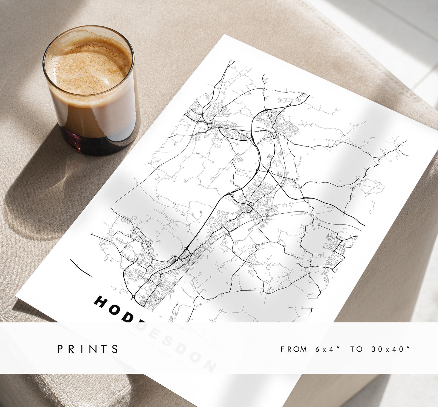 Hoddesdon Map Print - Minimalist City Map Poster - Map Art - UK - Hoddesdon Print - Hoddesdon, Hertfordshire - Different Colours Available
