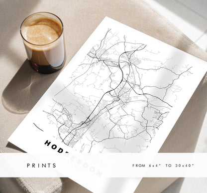 Hoddesdon Map Print - Minimalist City Map Poster - Map Art - UK - Hoddesdon Print - Hoddesdon, Hertfordshire - Different Colours Available