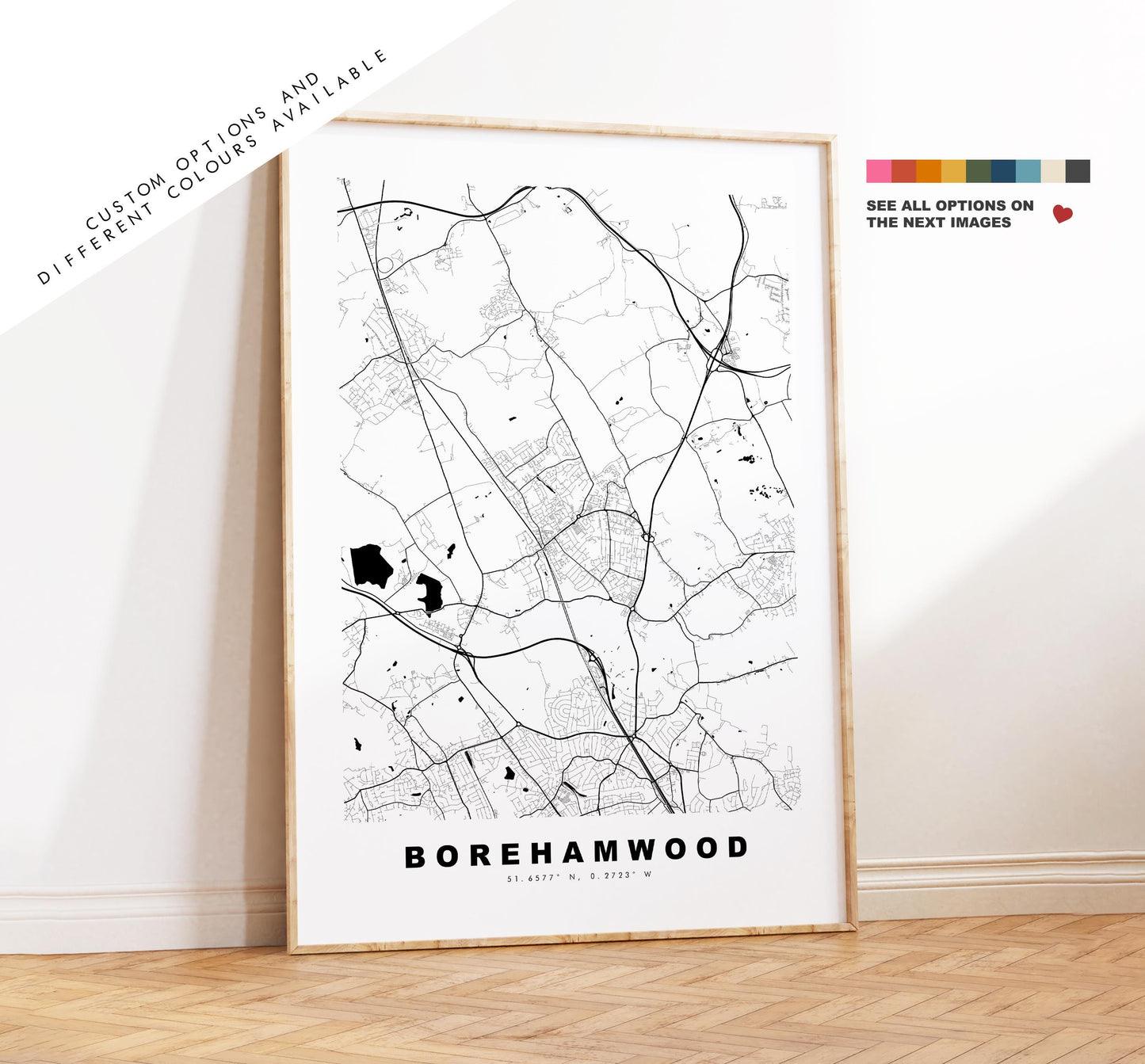 Borehamwood Map Print - Minimalist City Map Poster - Map Art - UK - Borehamwood Print - Hertfordshire - Different Colours Available