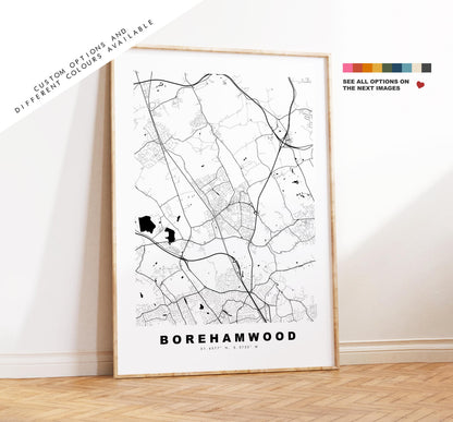Borehamwood Map Print - Minimalist City Map Poster - Map Art - UK - Borehamwood Print - Hertfordshire - Different Colours Available