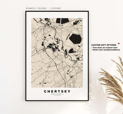 Chertsey Map Print - Minimalist City Map Poster - Map Art - UK - Chertsey Print - Chertsey, Surrey - Different Colours Available