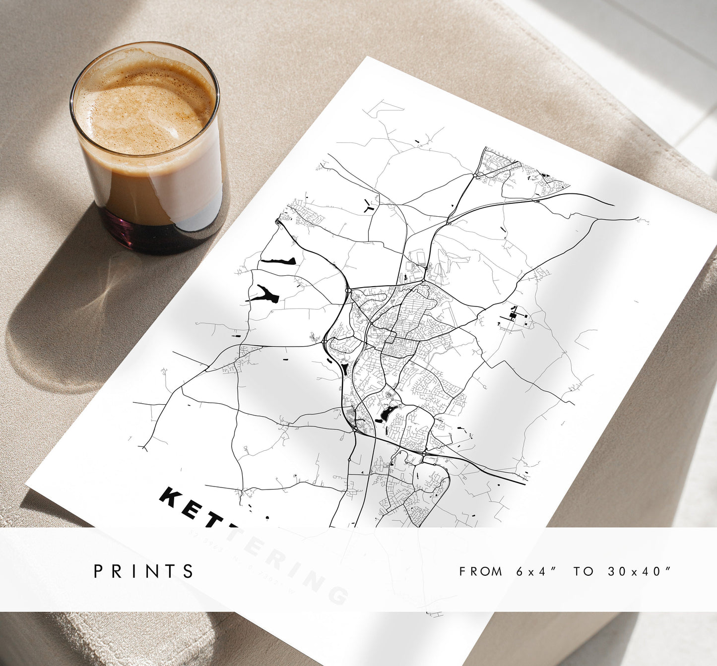 Kettering Map Print - Minimalist City Map Poster - Map Art - UK - Kettering Print - Kettering Poster - Different Colours Available