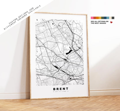 Brent Map Print - Minimalist City Map Poster - Map Art - UK - Brent Print - Brent, London - Different Colours Available