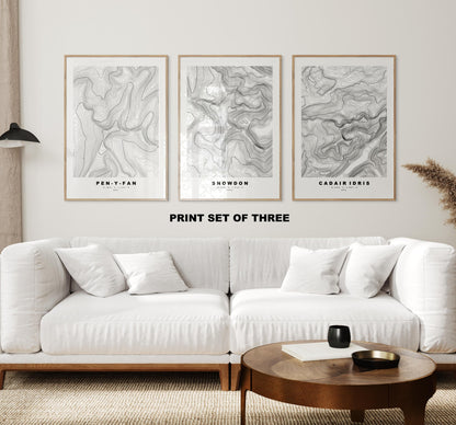 Welsh Three Peaks Print Set x3 - Snowdon - Pen Y Fan - Cadair Idris - Contour Maps - Wales Three Peaks - Yr Wyddfa - Penygader