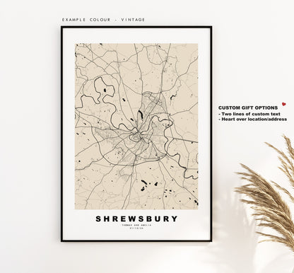 Shrewsbury Map Print - Minimalist City Map Poster - Map Art - UK - Shrewsbury Print - Shrewsbury Poster - Different Colours Available