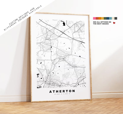 Atherton Map Print - Minimalist City Map Poster - Map Art - UK - Atherton Print - Atherton Poster - Different Colours Available