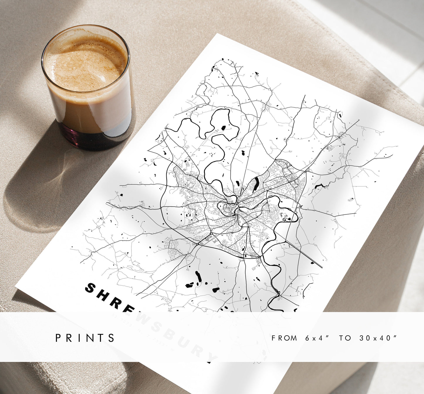 Shrewsbury Map Print - Minimalist City Map Poster - Map Art - UK - Shrewsbury Print - Shrewsbury Poster - Different Colours Available