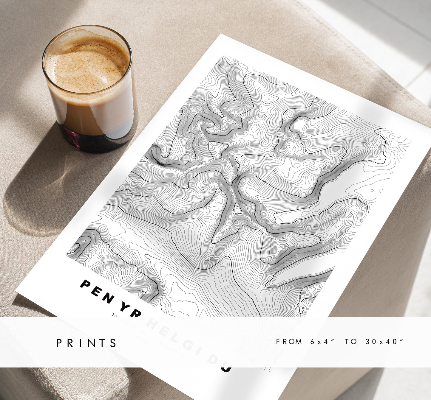 Pen Yr Helgi Du Print - Contour Map - Snowdonia - Wales - Topographic Map - Print - Poster - Wall Art -  Pen Yr Helgi Du Poster - Carneddau