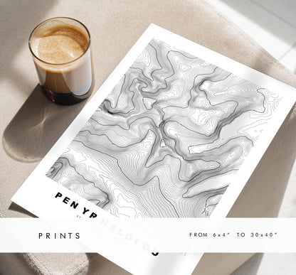 Pen Yr Helgi Du Print - Contour Map - Snowdonia - Wales - Topographic Map - Print - Poster - Wall Art -  Pen Yr Helgi Du Poster - Carneddau